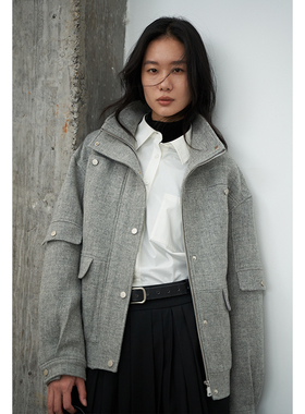 BLANK LABEL 羊毛软糯灰色工装夹克短款外套女秋冬2025新款松弛感