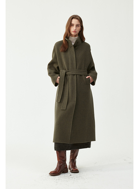 BLANK LABEL110支羊毛混纺双面尼羊绒大衣女冬系带中长款毛呢外套