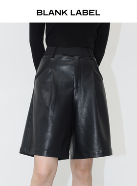 BLANK LABEL极简高级百慕大拼接PU黑色皮裤短裤女A字五分裤秋冬
