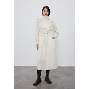 BLANK 斜纹抗皱连帽立领工装 长袖 连衣裙女秋冬抽绳收腰长裙 LABEL