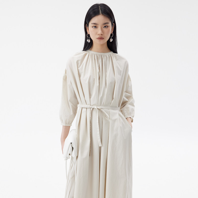 BLANK LABEL 极简高级百分百酵洗纯棉抽褶收腰设计感连衣裙女夏季