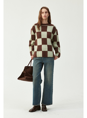 BLANK LABEL极简马海毛混纺棋盘格毛衣女秋冬季慵懒风休闲针织衫