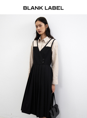 BLANK LABEL极简高级宽松高腰镂空解构百褶黑色连衣裙秋季背心裙