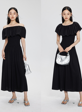 BLANK LABEL极简高级收腰打揽荷叶一字肩连衣裙黑色垂感气质长裙