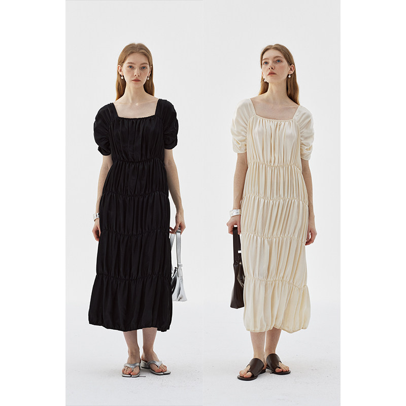 BLANK LABEL重磅醋酸缎面黑色抽褶短袖连衣裙女夏季方领蛋糕裙子