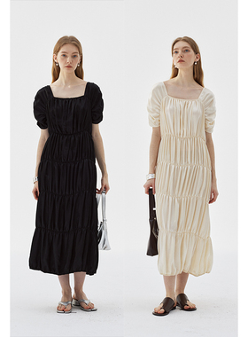 BLANK LABEL重磅醋酸缎面黑色抽褶短袖连衣裙女夏季方领蛋糕裙子