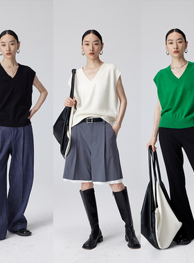 BLANK LABEL 极简高级羊毛纱线气质修身V领针织马甲女秋外搭背心