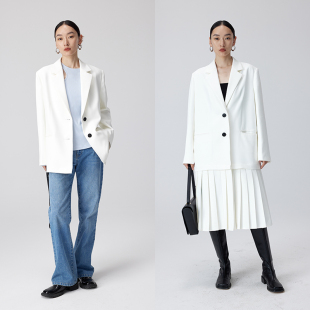 BLANK 极简高级经典 斜纹TR料可拆卸下摆压褶廓形西装 连衣裙 LABEL