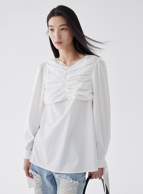 BLANK LABEL极简高级设计感竹纤维立体褶皱灵动飘带白色长袖衬衫