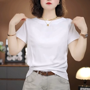 设计感大宽领时尚显瘦短袖t恤女夏季新款休闲百搭纯色简约上衣ins