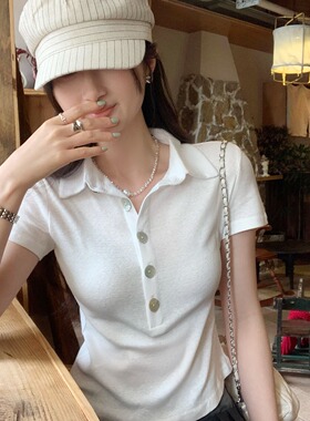 独特漂亮纽扣polo衫正肩短袖t恤女夏季新款韩系简约百搭休闲上衣