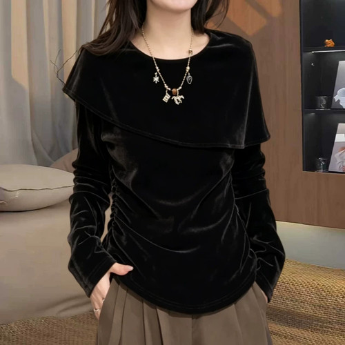 洋气时尚丝绒圆领长袖t恤女上衣