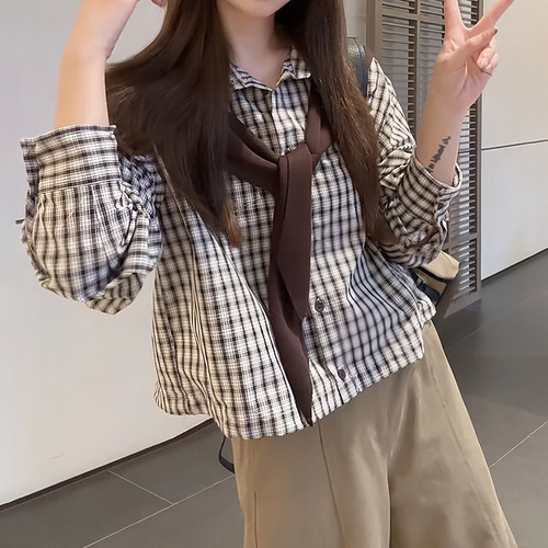 减龄格子衬衫女松紧休闲裤两件套