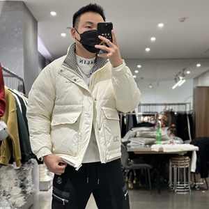 白鸭绒拼接立领短款羽绒服男冬季修身保暖休闲外套潮无帽加厚外穿