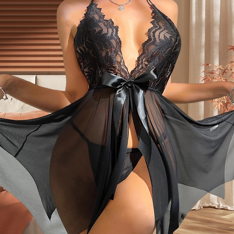 Sexy lingerie, neck hanging mesh, transparent pajamas睡衣
