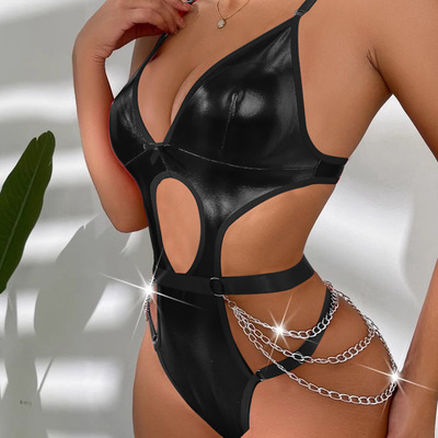 Sexy lingerie patent leather hollow jumpsuit漆皮PU镂空连体衣