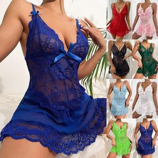 Sexy lingerie plus size mesh lace bow pajama set网纱蕾丝睡裙
