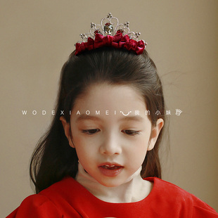 儿童皇冠发饰发夹女孩公主高级感头饰丝绒蝴蝶结水钻王冠插梳发卡