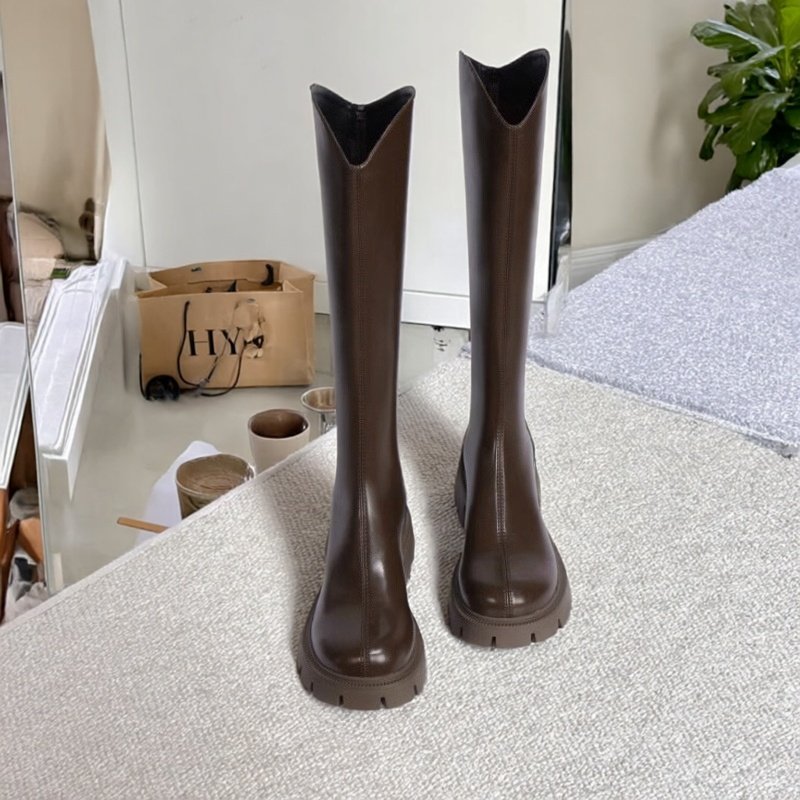 显瘦增高直筒长靴棕色厚底骑士靴圆头粗跟靴黑色长筒时装靴加大筒