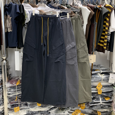 大麦51801高腰工装裤女秋款撞色抽绳直筒百搭长裤束脚阔腿休闲裤