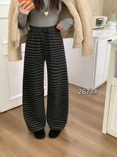 高腰直筒休闲裤 新款 女2025冬季 韩范儿2677条纹加绒加厚羊绒阔腿裤