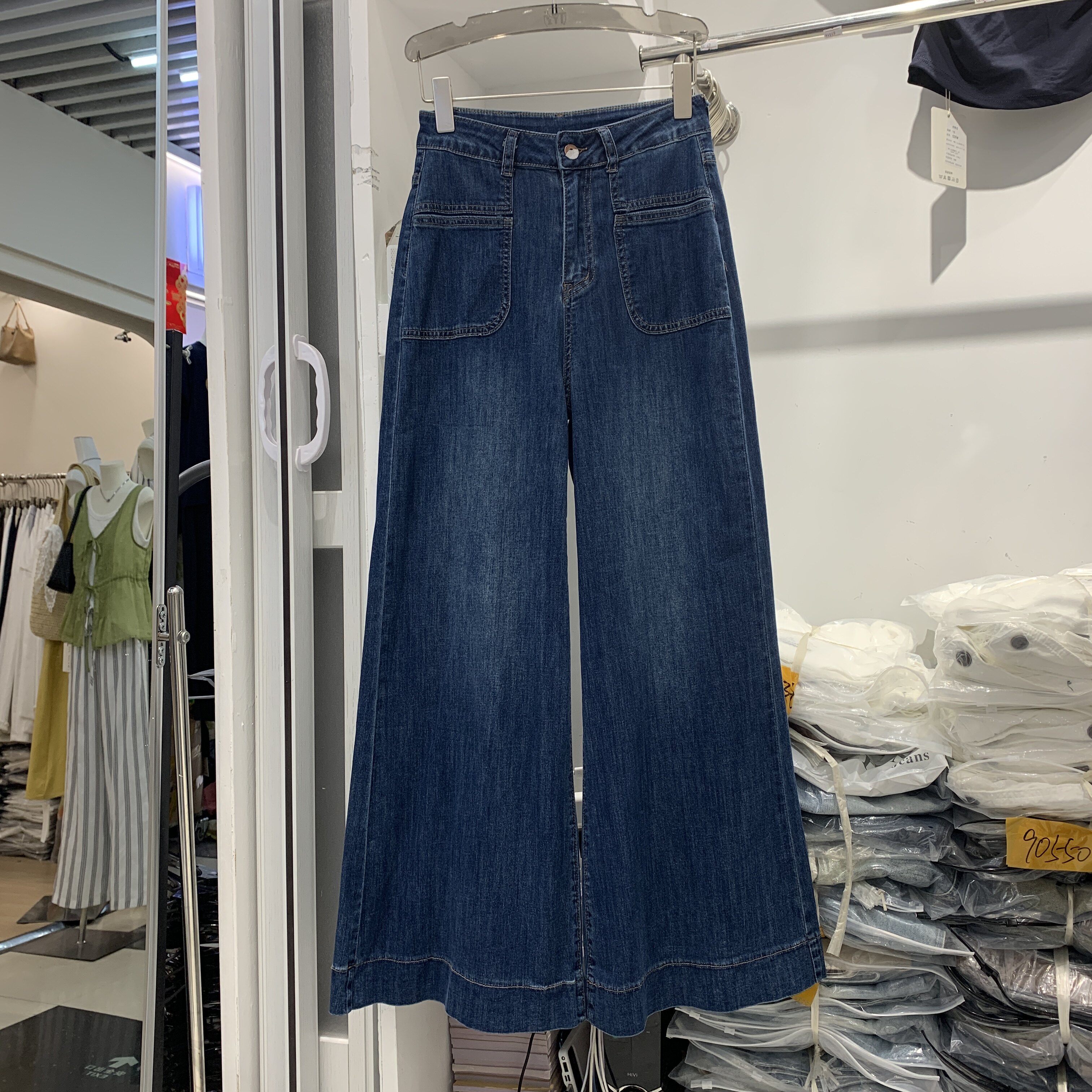 恒木子2356高腰深蓝色微喇叭牛仔裤女夏百搭弹力显瘦阔腿直筒长裤