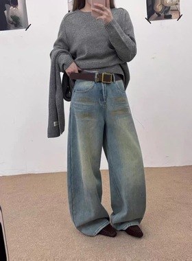 CGZ潮公主99958韩版宽松休闲加绒加厚阔腿弯刀牛仔裤女刺绣牛仔裤