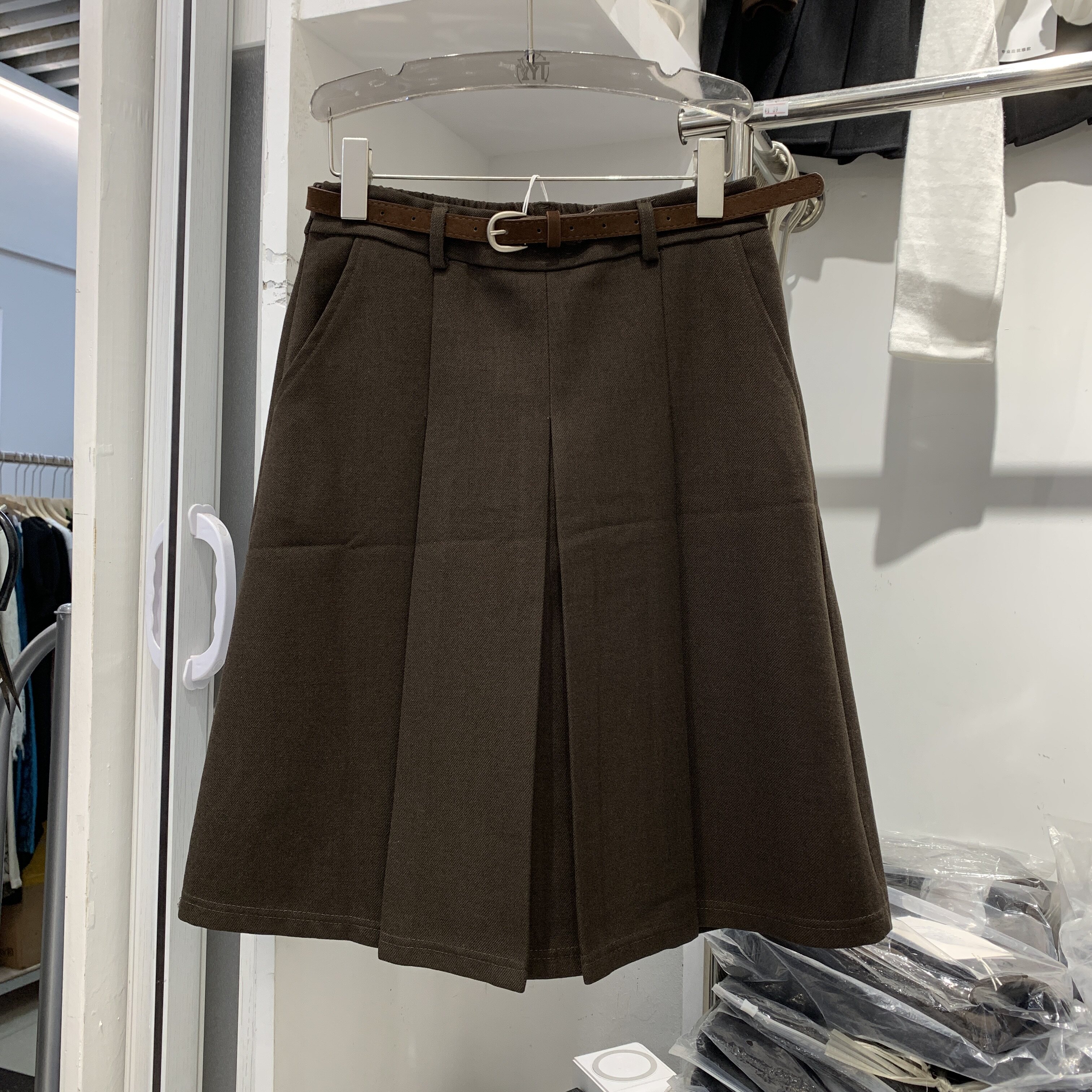 MZJ木子家26801秋季新品半松紧高腰显瘦腰带半身裙女a字百褶中裙