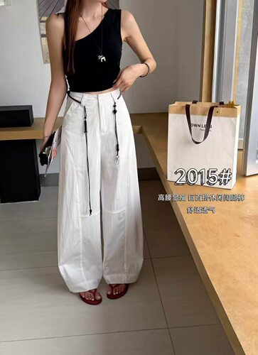 韩范儿2015欧货2026夏季新款高腰显瘦系带休闲裤女薄款直筒阔腿裤
