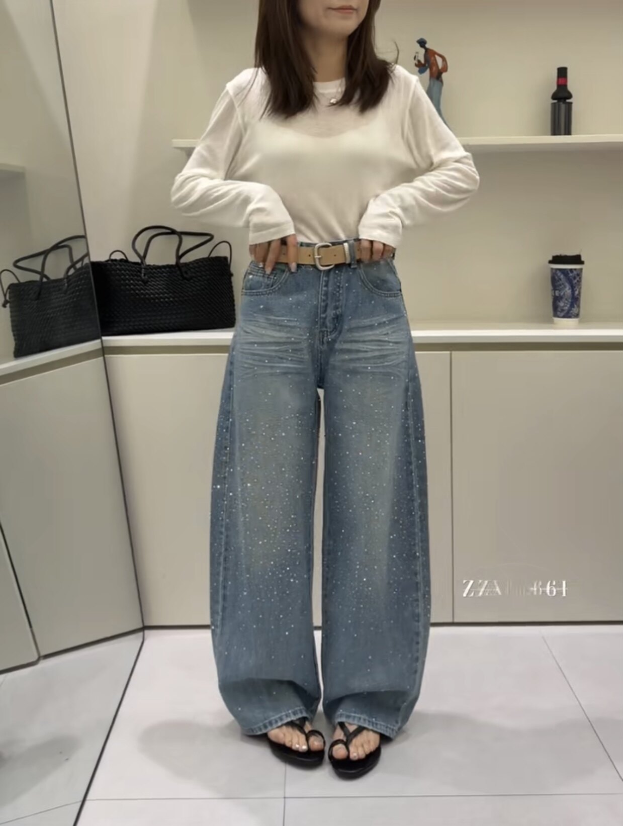 贞子小铺661欧货春款烫钻满天星宽松显瘦阔腿弯刀牛仔裤拖地裤女