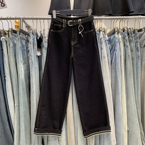 韩佰莉6377高腰显瘦加绒窄版阔腿牛仔裤女冬款宽松直筒九分裤6362