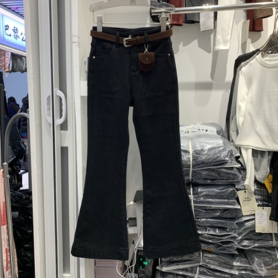 卡迪尔7250冬款加绒加厚九分牛仔喇叭裤女弹力修身小个子微喇叭裤