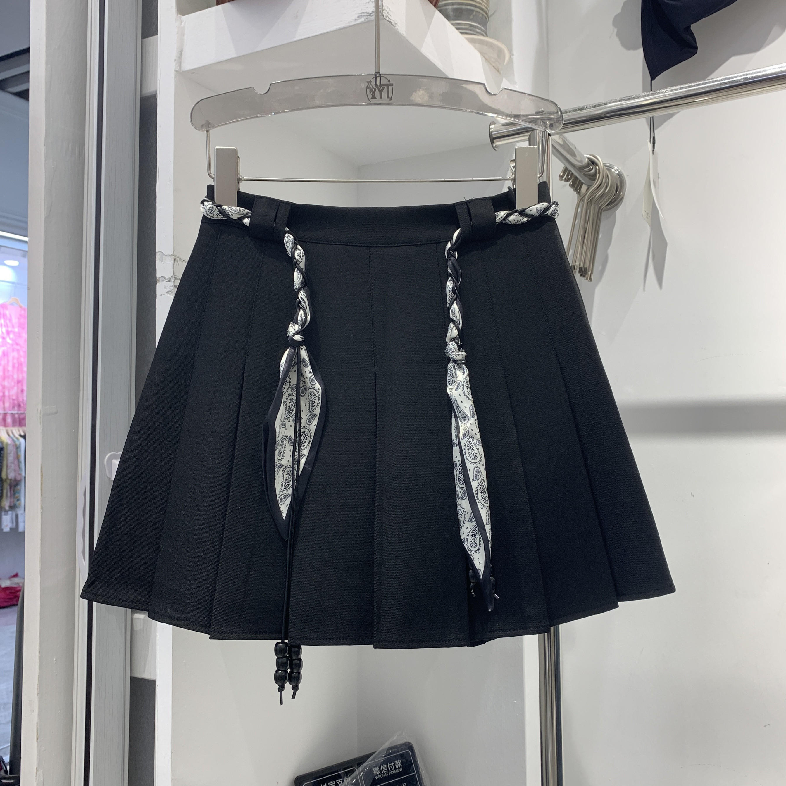 锦荣家57010丝巾腰带百褶裙女秋款高腰显瘦a字短裙西装半身裙子