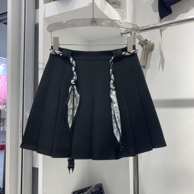 锦荣家57010丝巾腰带百褶裙女秋款高腰显瘦a字短裙西装半身裙子