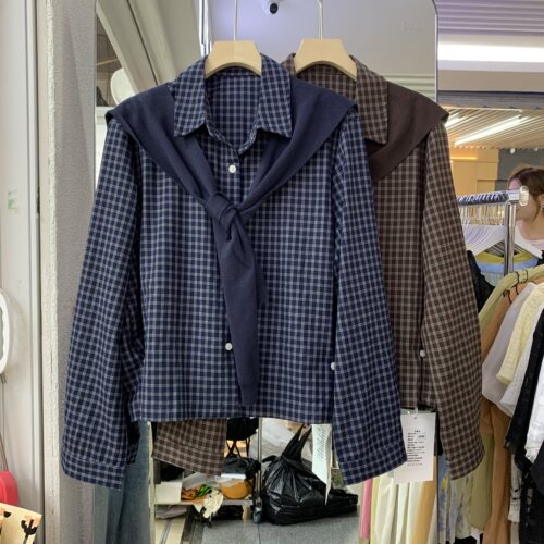 QXS5566韩系短款衬衫女秋披肩两件套侧边收扣设计感通勤小众上衣