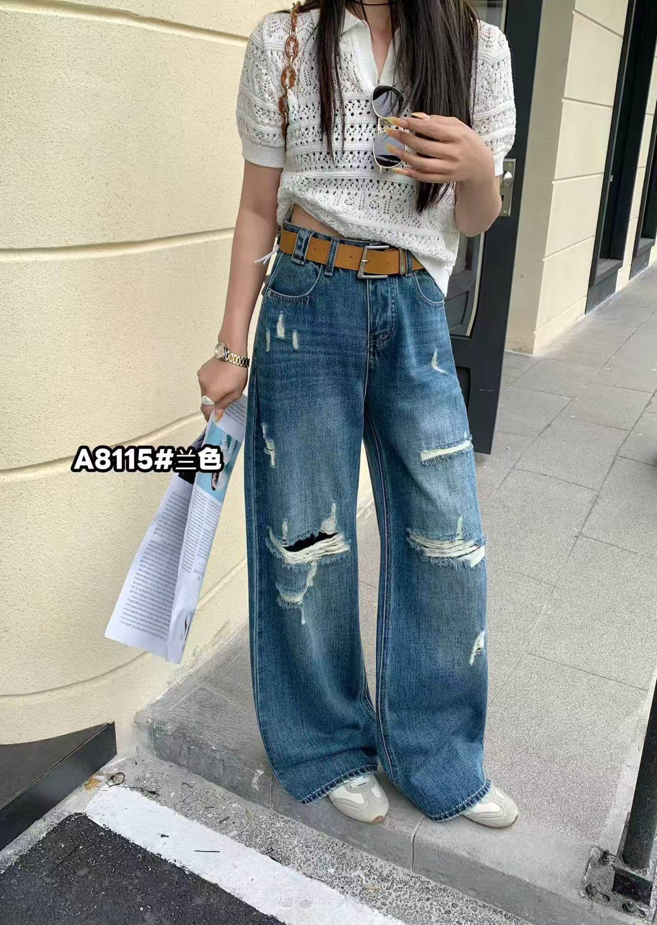 Aiyueniao爱月鸟8115春款假破洞宽松高腰设计感显瘦阔腿牛仔裤女,女装/女士精品,牛仔裤,淘宝优惠券,粉丝福利购,淘宝优惠卷