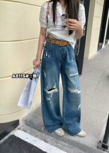Aiyueniao爱月鸟8115春款假破洞宽松高腰设计感显瘦阔腿牛仔裤女