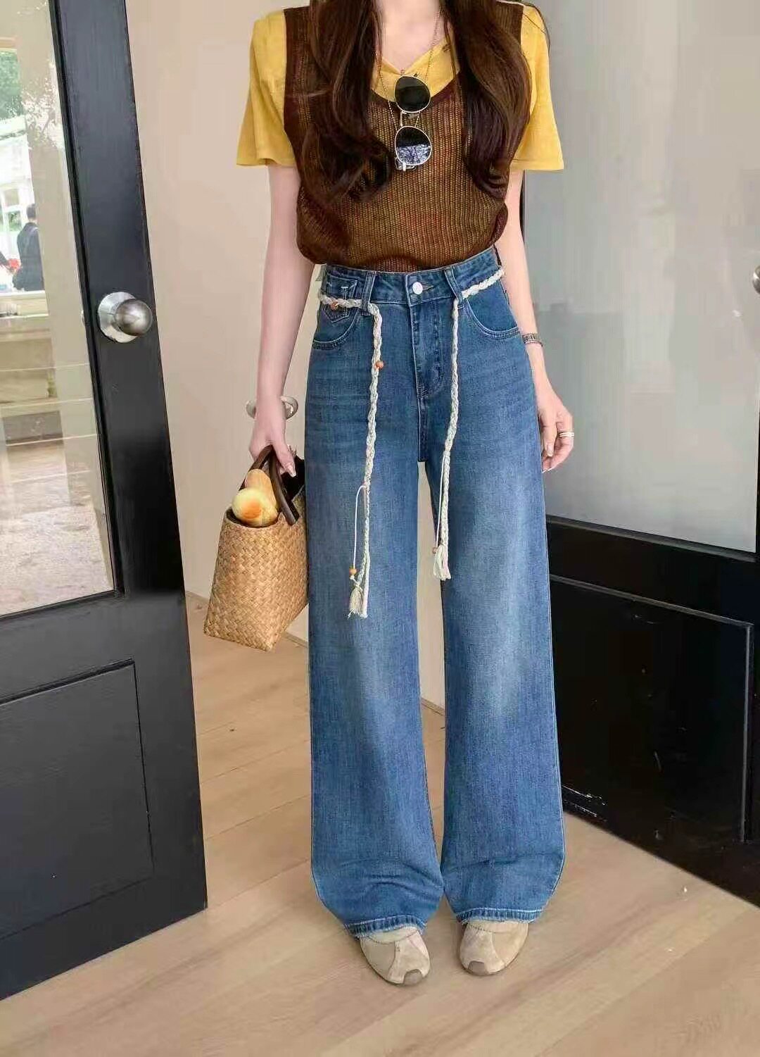 K8复古蓝窄版阔腿牛仔裤女春款2026新高腰显瘦丝巾腰带直筒裤8567