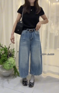 贞子小铺6150欧货八分阔腿牛仔裤女夏款韩版高腰显瘦百搭弯刀裤潮