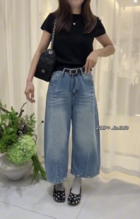 贞子小铺6150欧货八分阔腿牛仔裤女夏款韩版高腰显瘦百搭弯刀裤潮