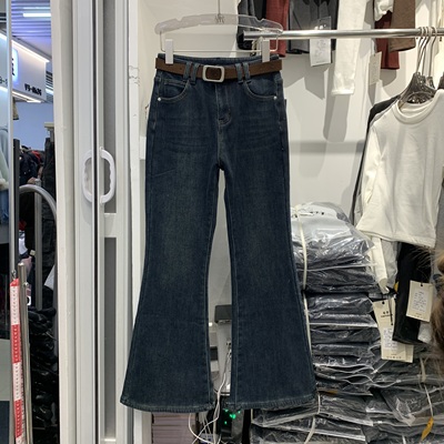 卡迪尔7182冬季新款韩系高腰修身显瘦加绒加厚九分微喇叭牛仔裤女