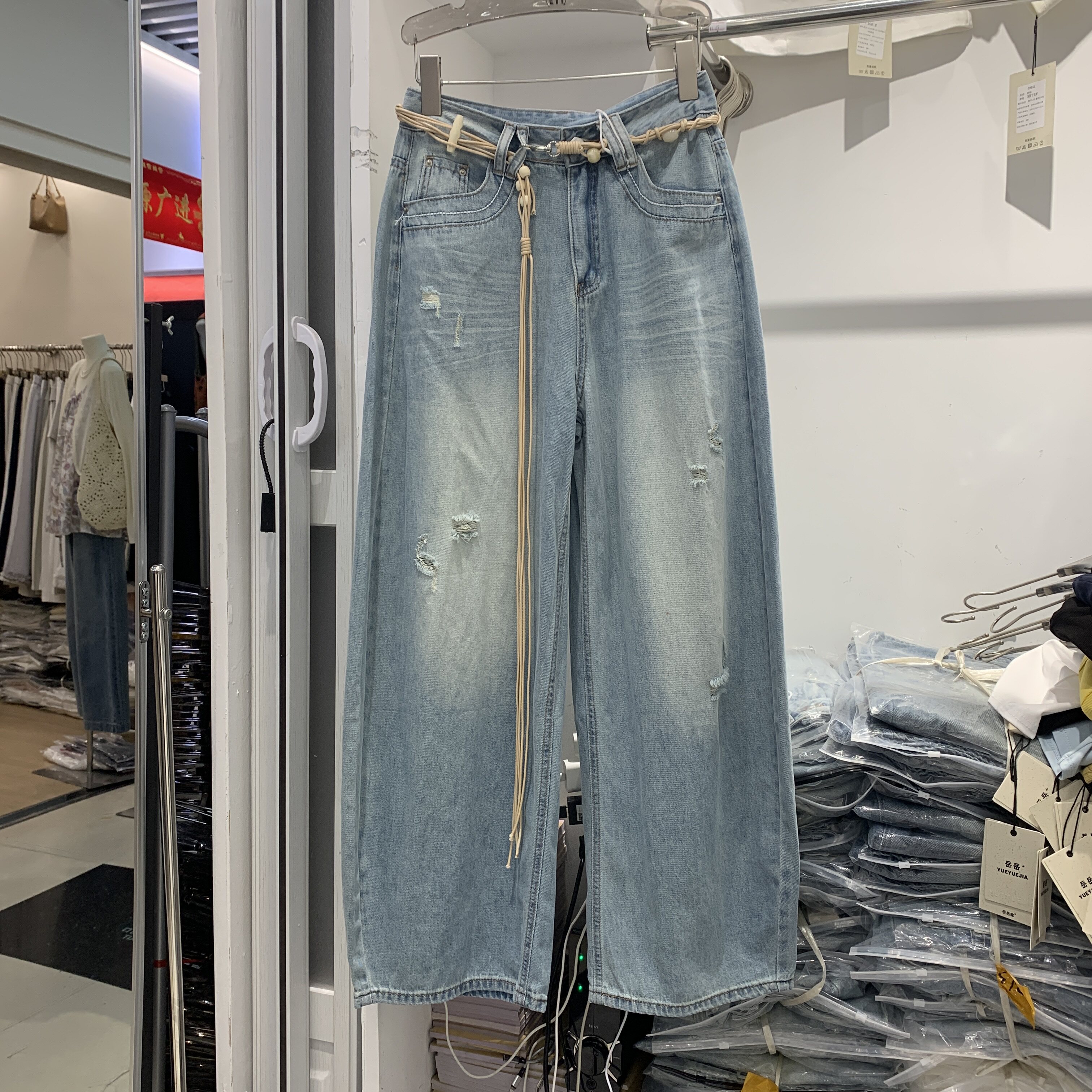 恒木子2267夏弯刀裤女韩版设计感系带高腰复古破洞百搭休闲牛仔裤