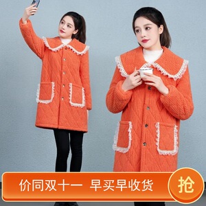 加棉罩衣女外穿冬季新款加绒加厚保暖厨房长棉衣裙时尚外套家居服