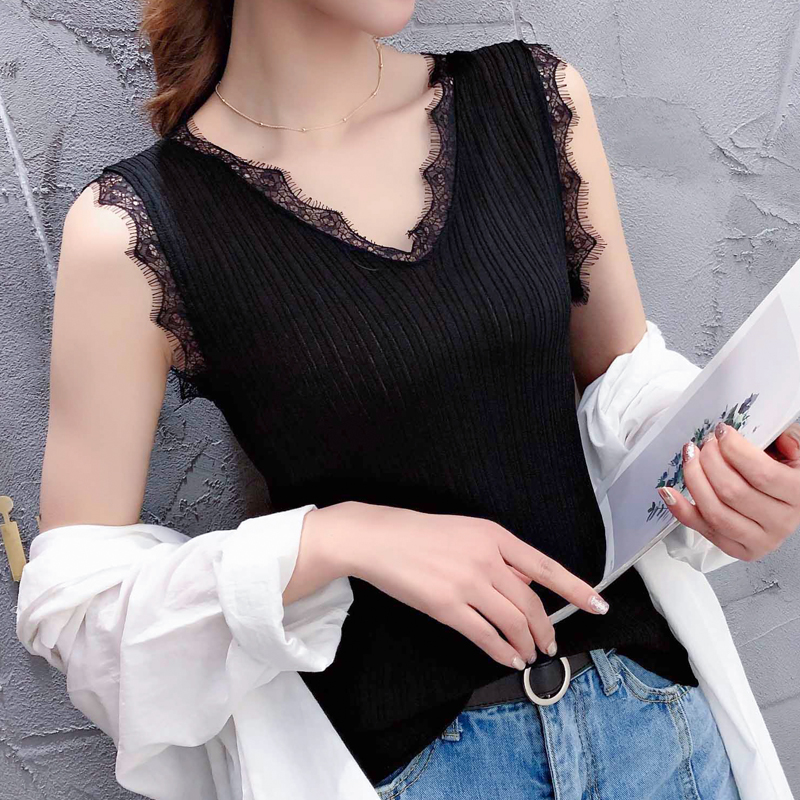 针织冰丝吊带背心女夏内搭秋装新款网红黑色蕾丝打底无袖上衣外穿
