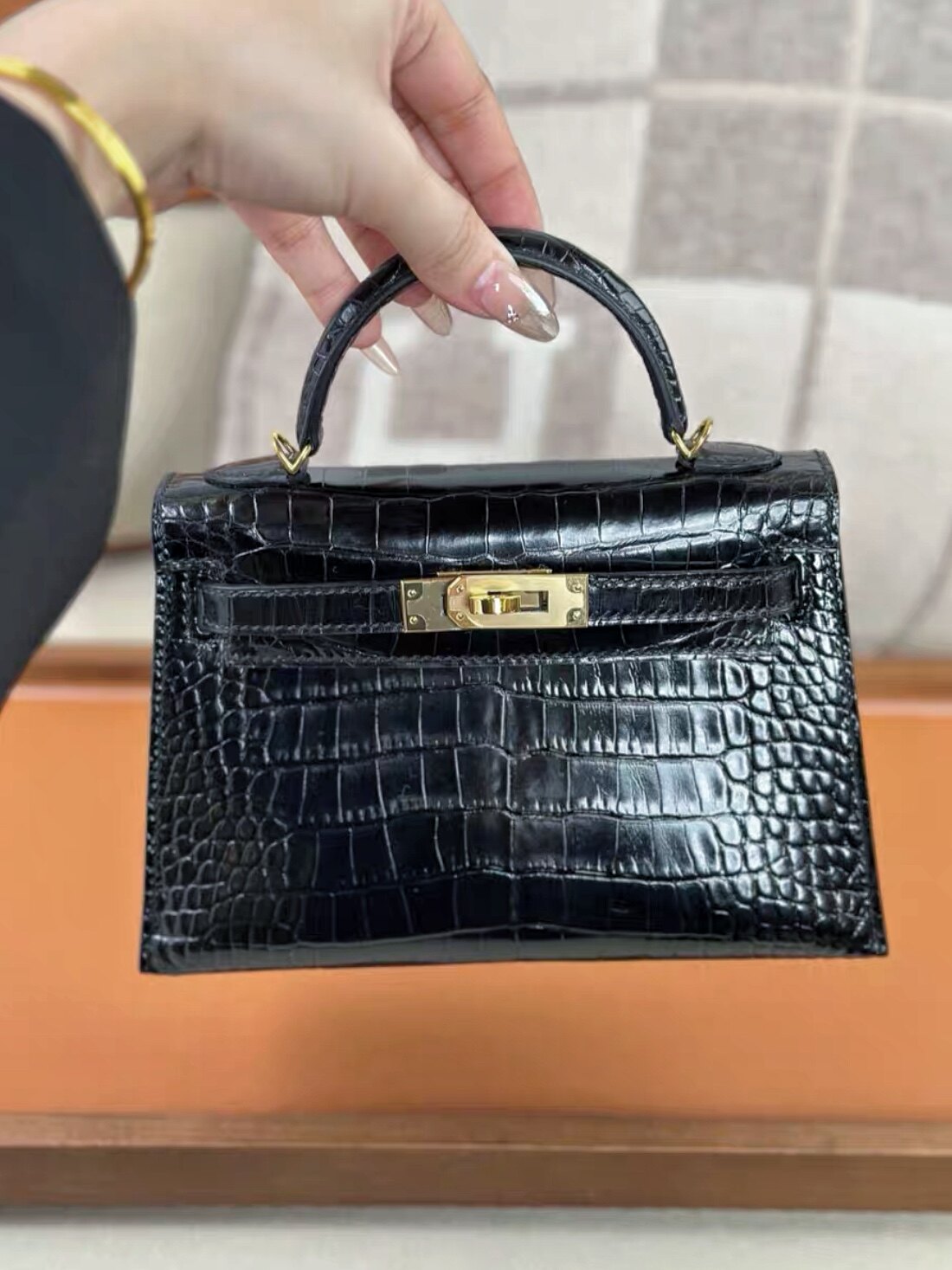 19cm鳄鱼皮二代凯莉包轻奢女包真皮单肩斜挎包手提包稀有皮腋下袋