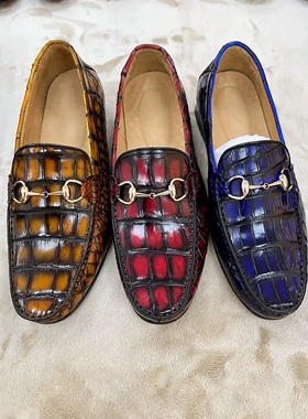 鳄鱼肚皮擦色豆豆鞋男士真皮一脚蹬乐福鞋轻奢商务休闲开车懒人鞋