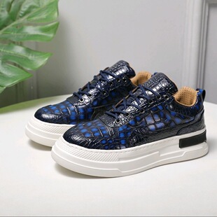 鳄鱼皮厚底板鞋克莱因蓝擦色腹皮饼干鞋男士真皮厚底运动休闲鞋潮