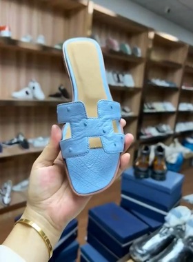 手作版鸵鸟皮一字拖轻奢全真皮凉拖固特异手缝牛皮大底女士平底拖