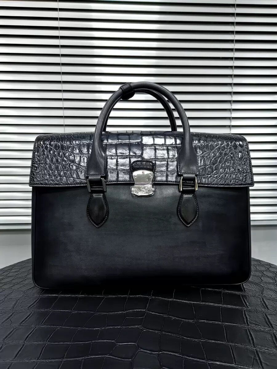 手工定制擦色鳄鱼皮拼牛皮男士公文包真皮商务高端奢侈电脑手提包