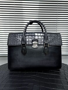 手工定制擦色鳄鱼皮拼牛皮男士公文包真皮商务高端奢侈电脑手提包